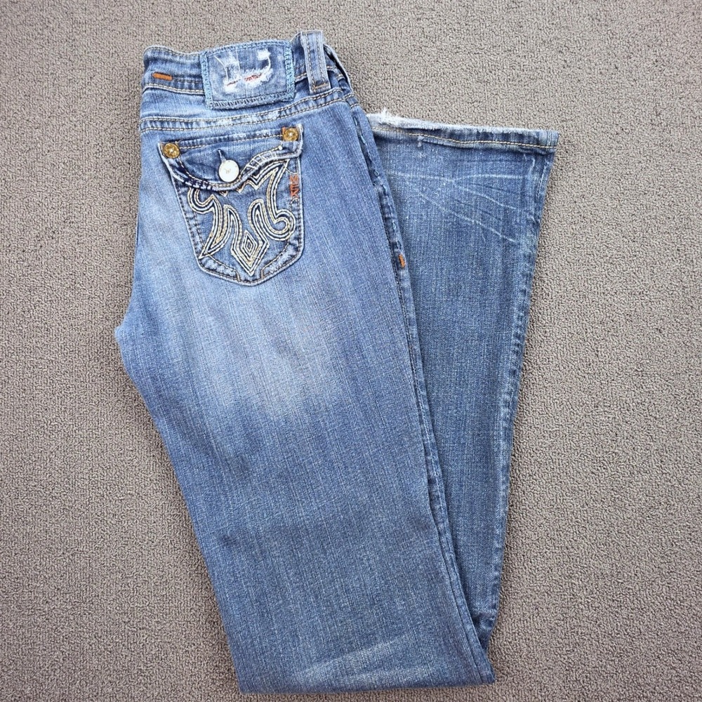 MEK Denim Portland Bootcut Jeans Mens Blue Distressed‎ Embroidered 28x36 (30x35)